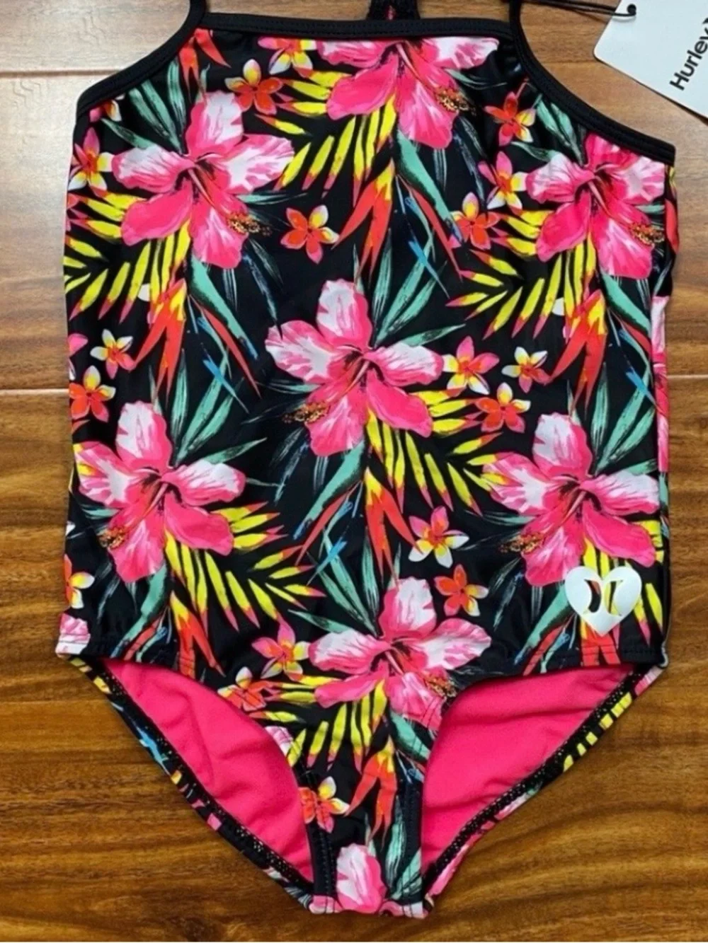 NWT New Hurley Little Girl Pink Hawaiian Floral Racerback One Piece Swimsuit 5/6